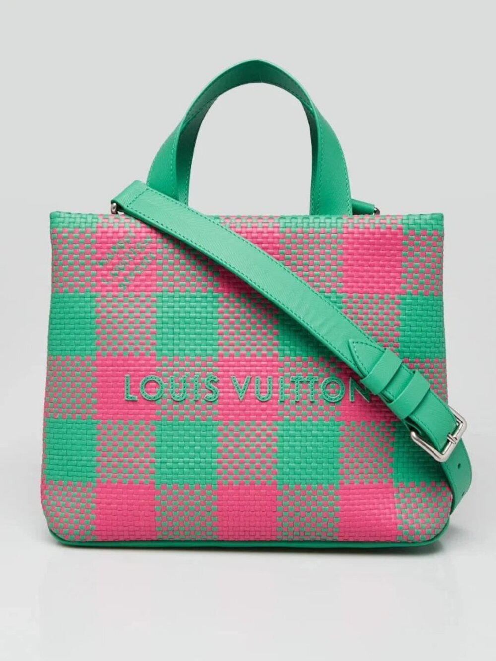 Louis Vuitton Pink/Green Woven Leather Mini Shopper Tote Bag